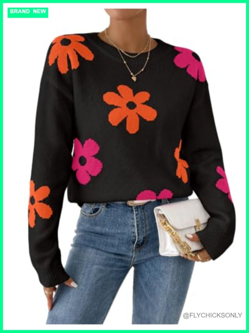 Womens Chunky Knit Pullover Sweater Oversized Crewneck Floral